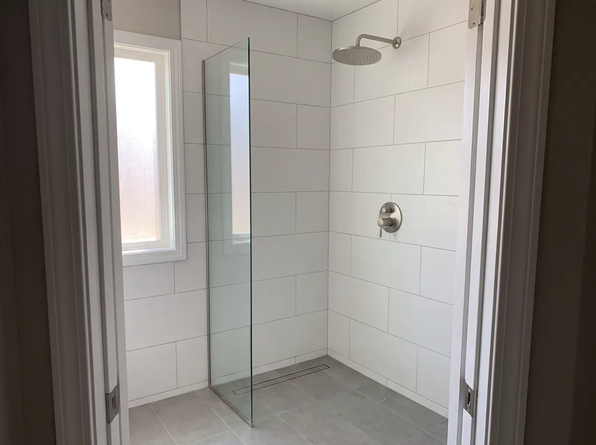 A walk-in shower with white tile, a chrome shower valve and a rain showerhead