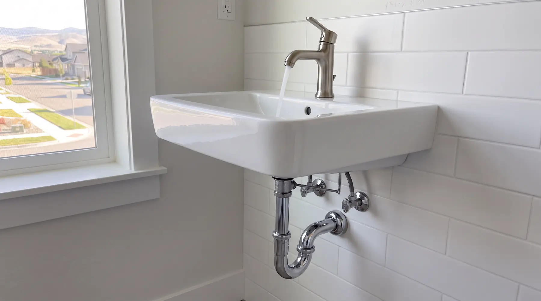A wall-mounted white sink with a brushed chrome faucet and a neat chrome drain below